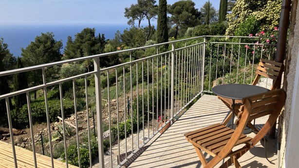 Una terraza de madera con barandilla de metal, una mesa y una silla, con vistas a un jardín con árboles y flores.