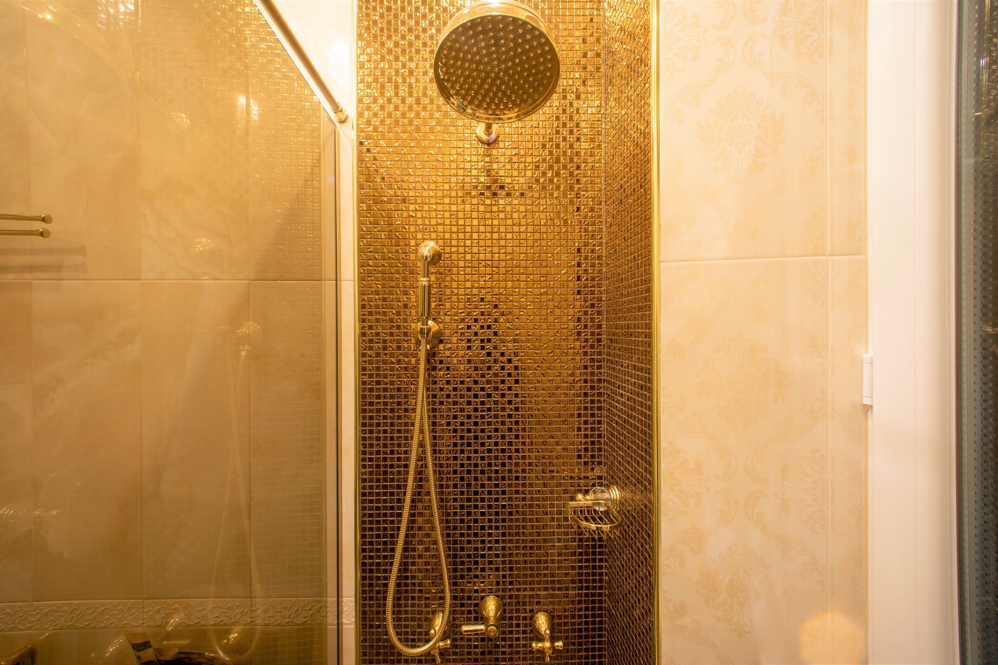 Een douche, een haardroger, een bidet, handdoeken