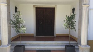 A building entrance with a dark wooden door, two potted plants, and a tiled floor.