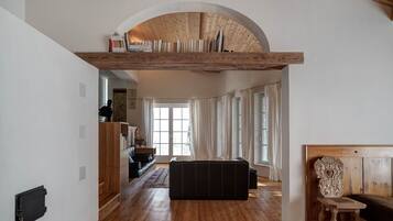 Smart-TV, Kamin, Bücher, Musikbibliothek