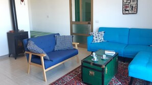 A living room with a blue sofa, a green chest of drawers, a patterned rug, and a small table with cups.