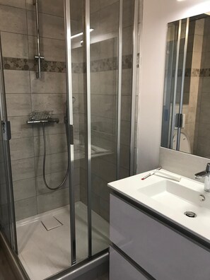 Ducha, secador de pelo, toallas, papel higiénico