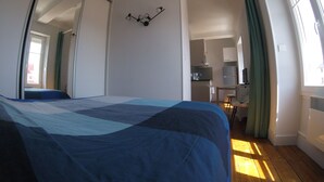 Ein Schlafzimmer mit Bett, einer kleinen Küchenzeile und einem Badezimmer.