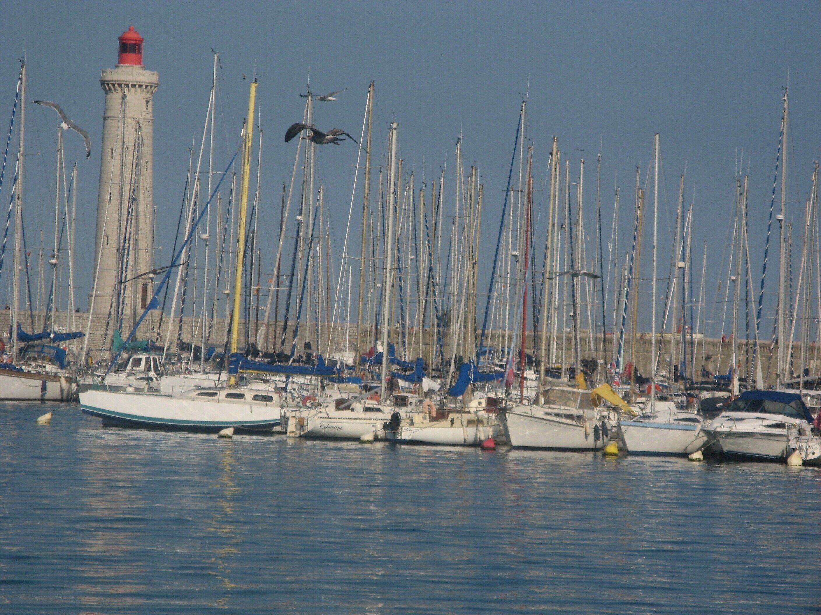 Un port de plaisance où sont amarrés de nombreux bateaux, un phare en arrière-plan et un ciel dégagé.