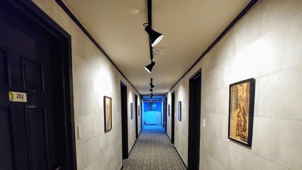 Un couloir d’hôtel avec un sol recouvert de moquette, des portes noires et des œuvres d’art encadrées accrochées aux murs.
