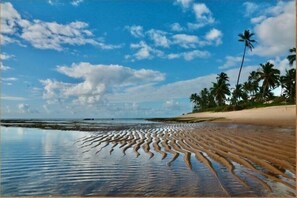 On the beach, sun-loungers, beach towels