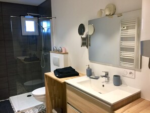 Shower, hair dryer, towels, toilet paper