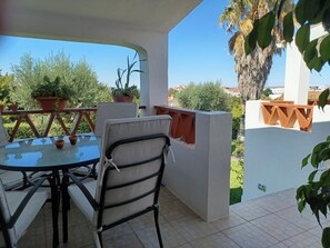 A patio with a round table and chairs, potted plants, and a view of the surrounding area. - Country house with a pool in the Alentejo (Arraiolos)