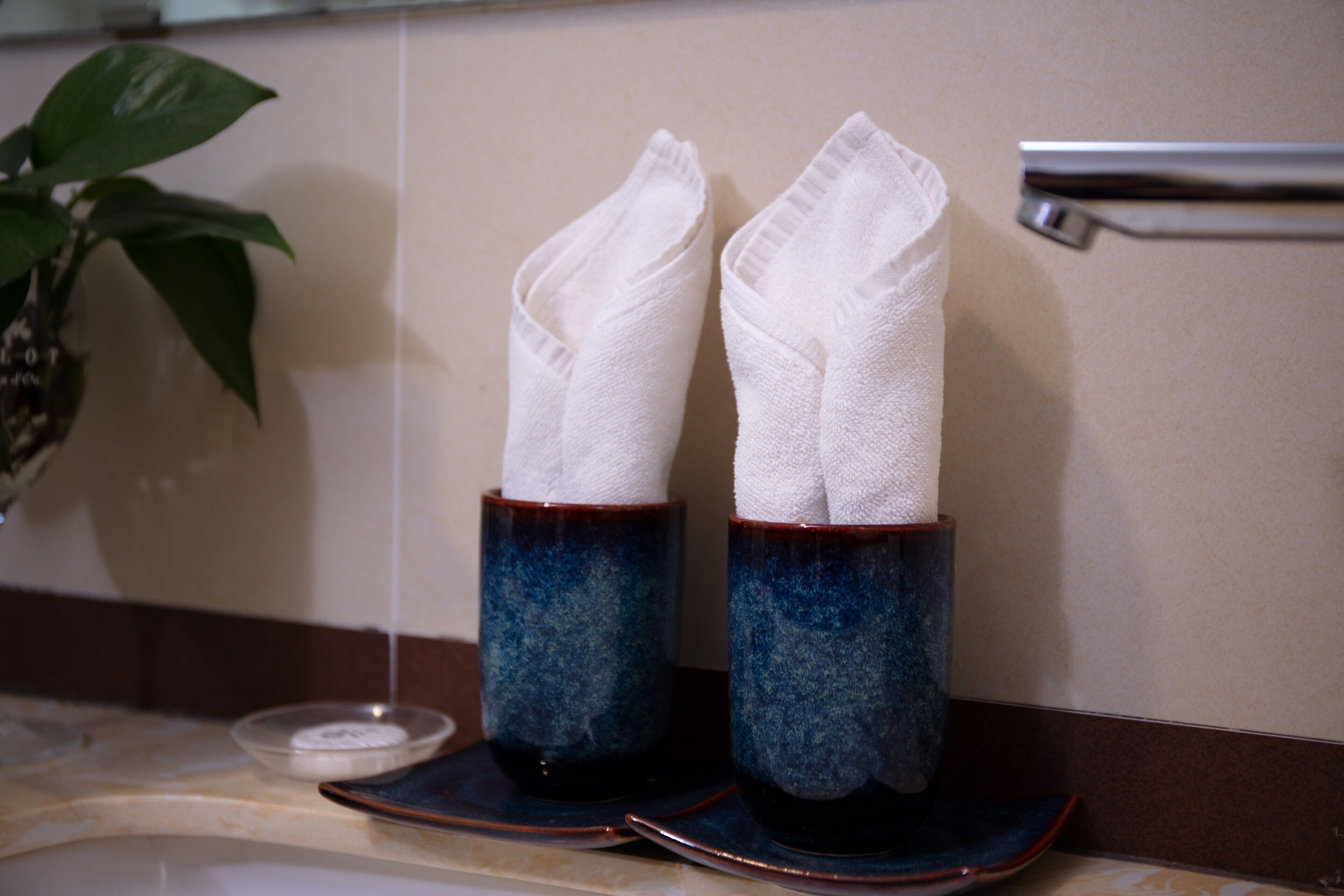 Un bagno con un portasciugamani contenente due asciugamani bianchi.