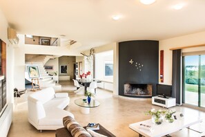 Smart TV, fireplace, DVD player, books