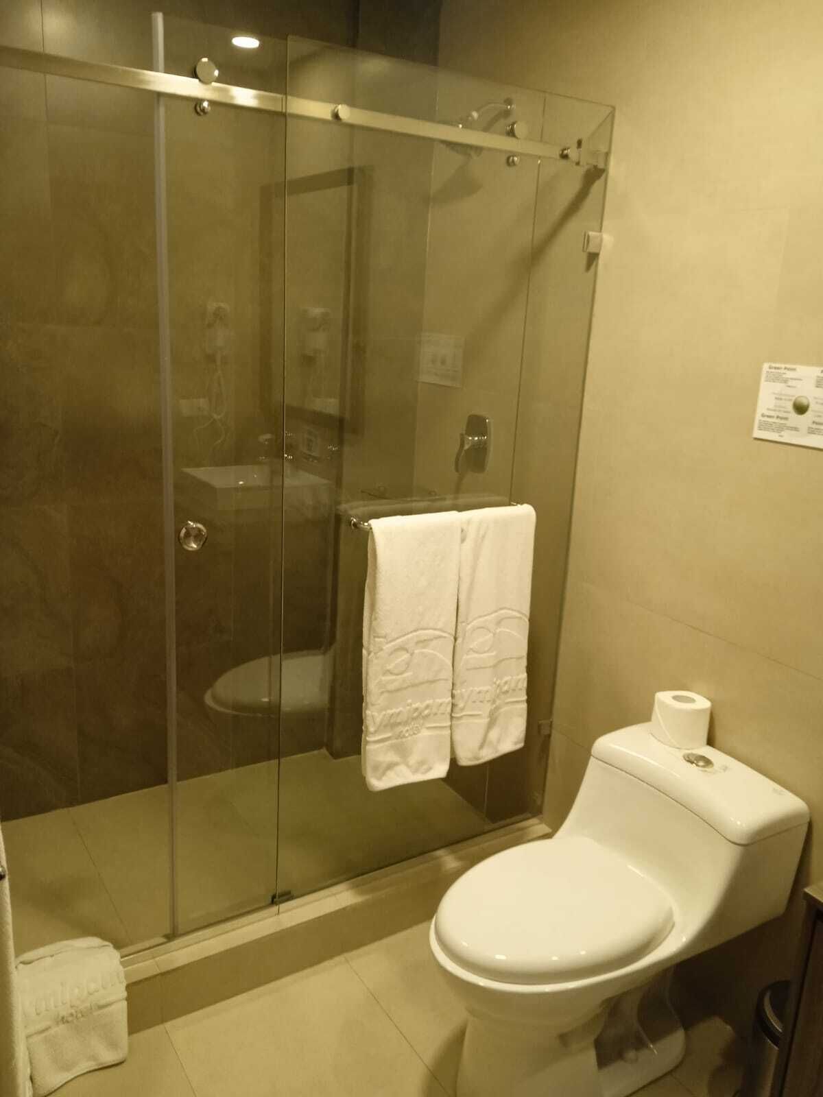 A bathroom with a glass-enclosed shower, a toilet, and a towel rack with towels.