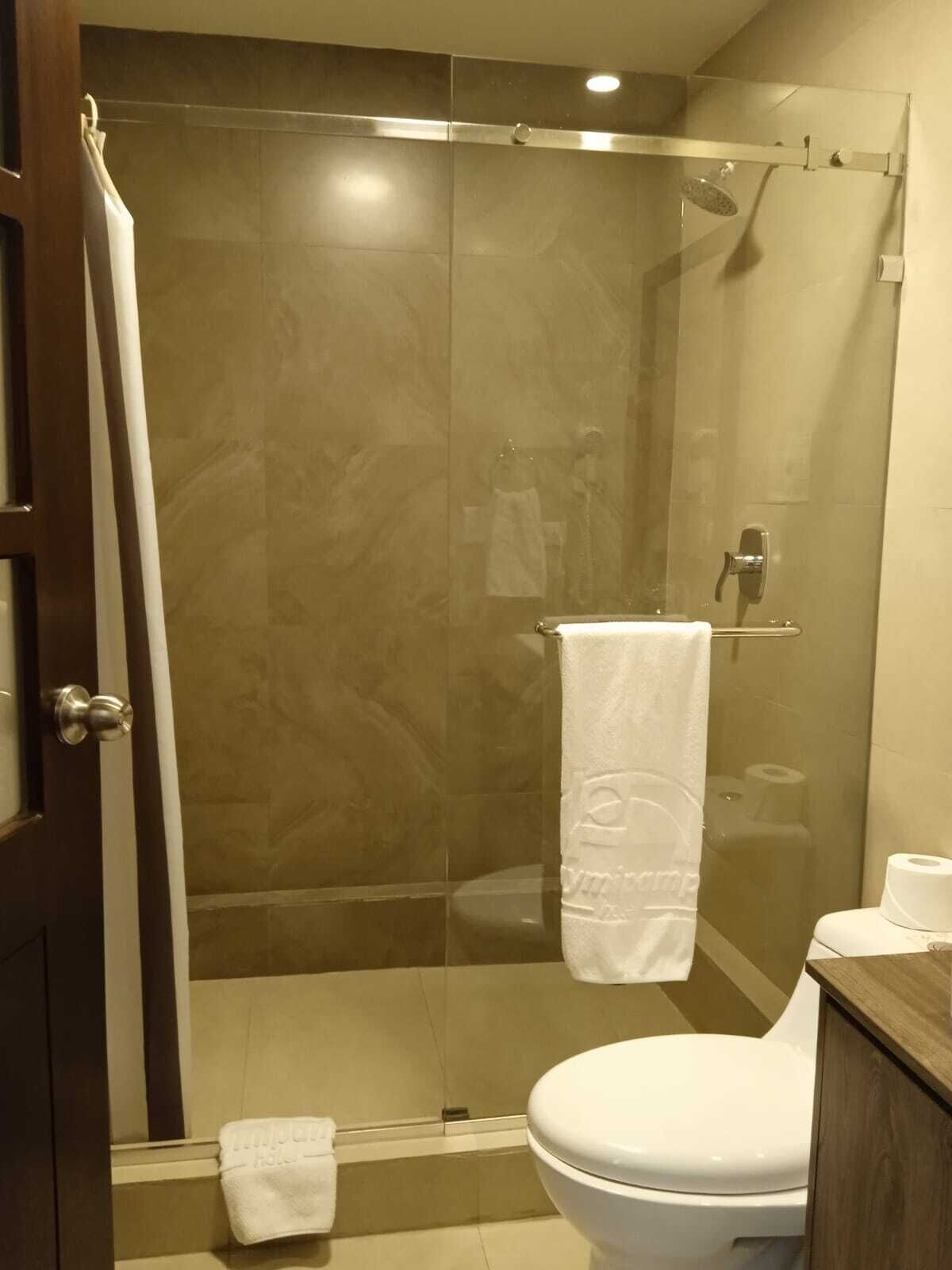 A bathroom with a glass-enclosed shower, a toilet, and a towel hanging on the wall.