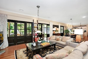 TV, fireplace, music library