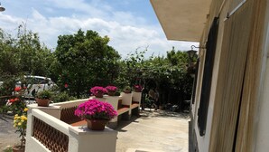A covered outdoor area with potted plants and a concrete floor. - Al Chiaro di Luna (Taormina)