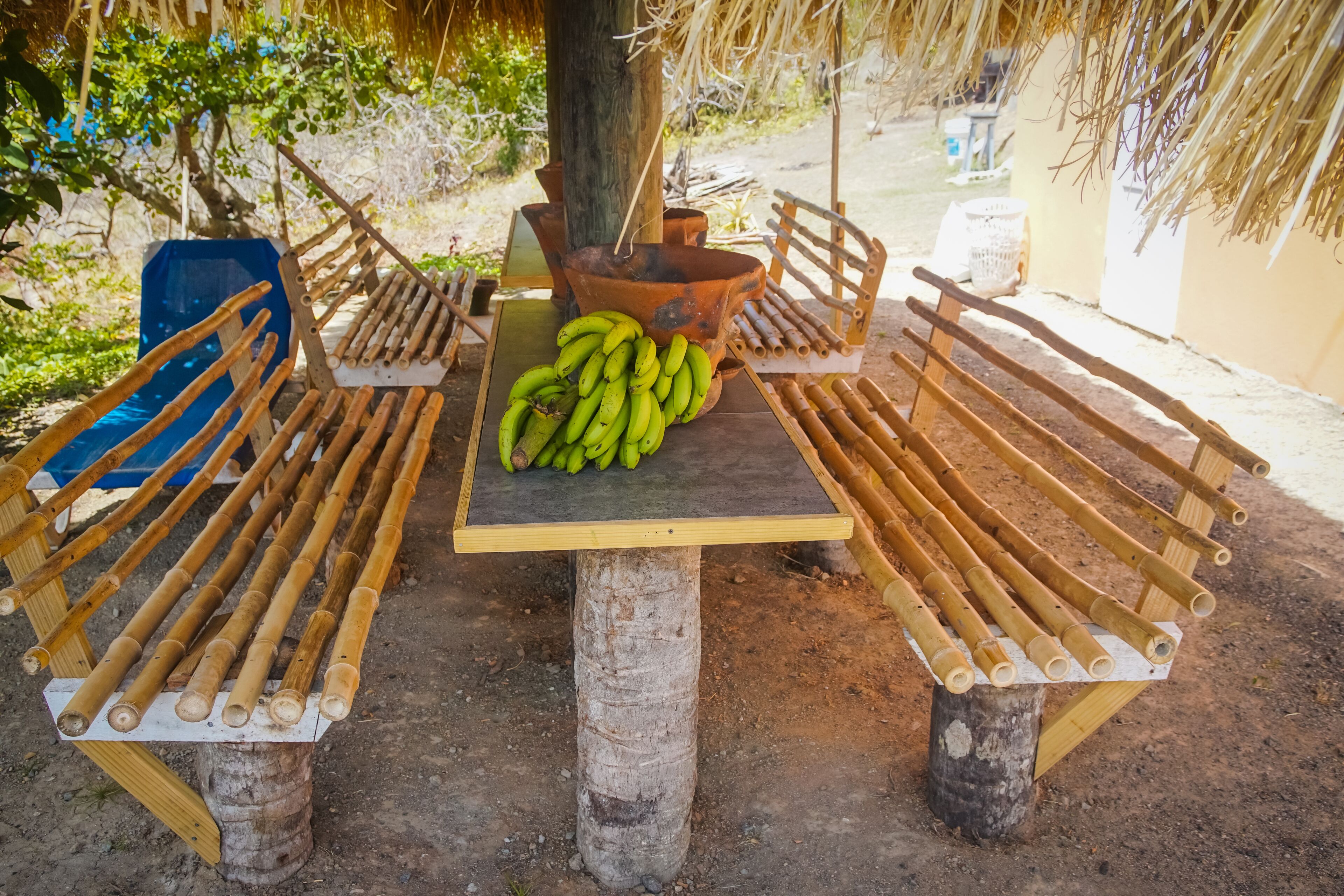 A rustic outdoor seating area with wooden benches and a table holding bananas and a pot.