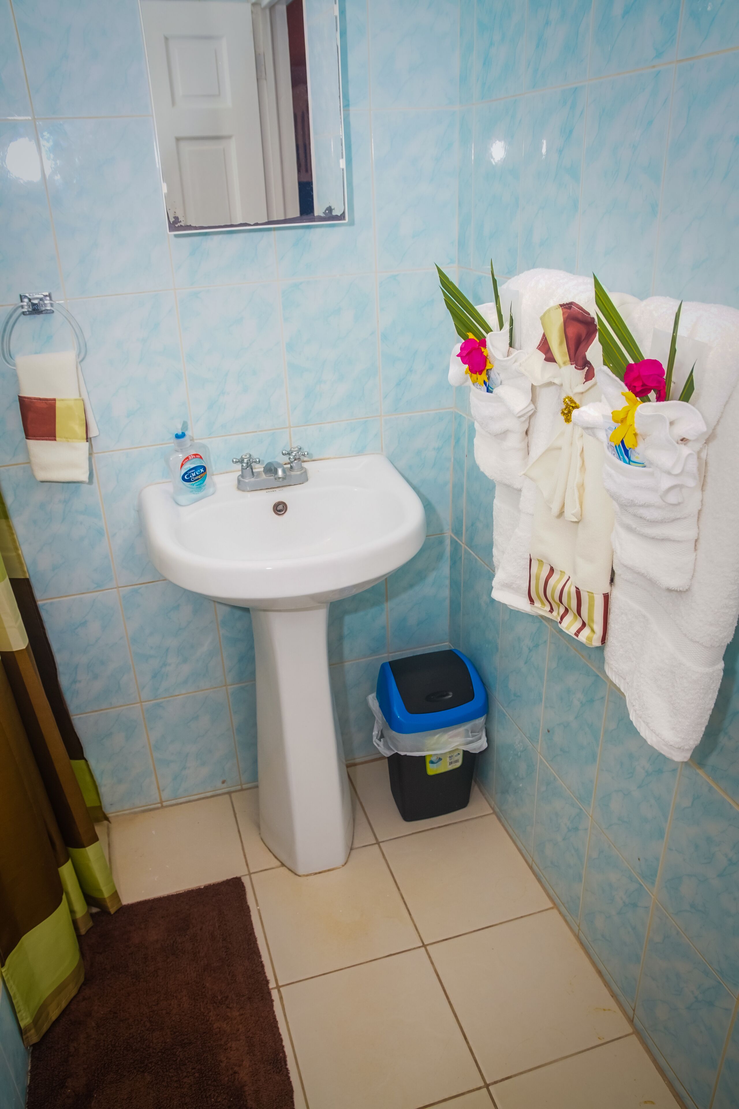 Une salle de bain équipée d’un lavabo, d’un miroir et d’un porte-serviettes avec des serviettes et des fleurs.