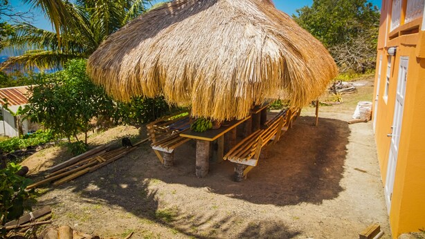 Una estructura con techo de paja, con bancos, rodeada de palmeras y un cielo despejado.