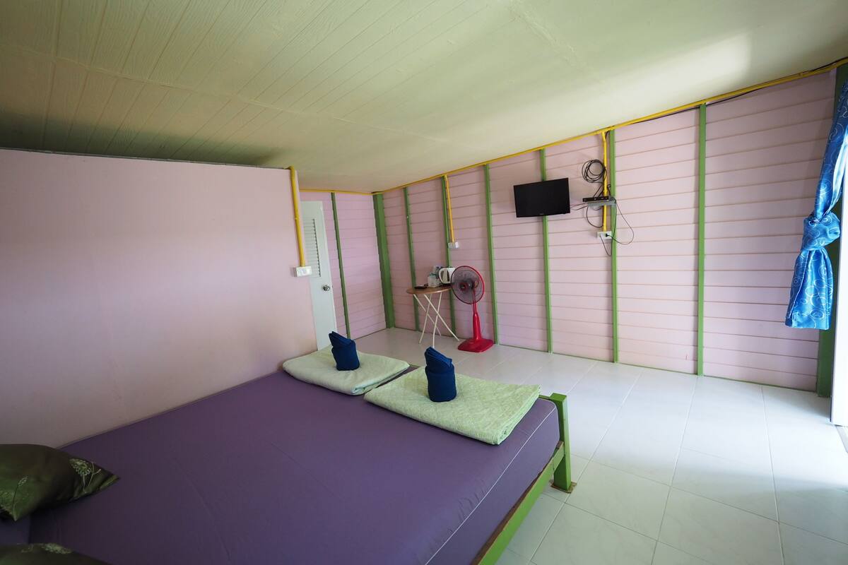 A room with two beds, a television, a fan, and a curtain.