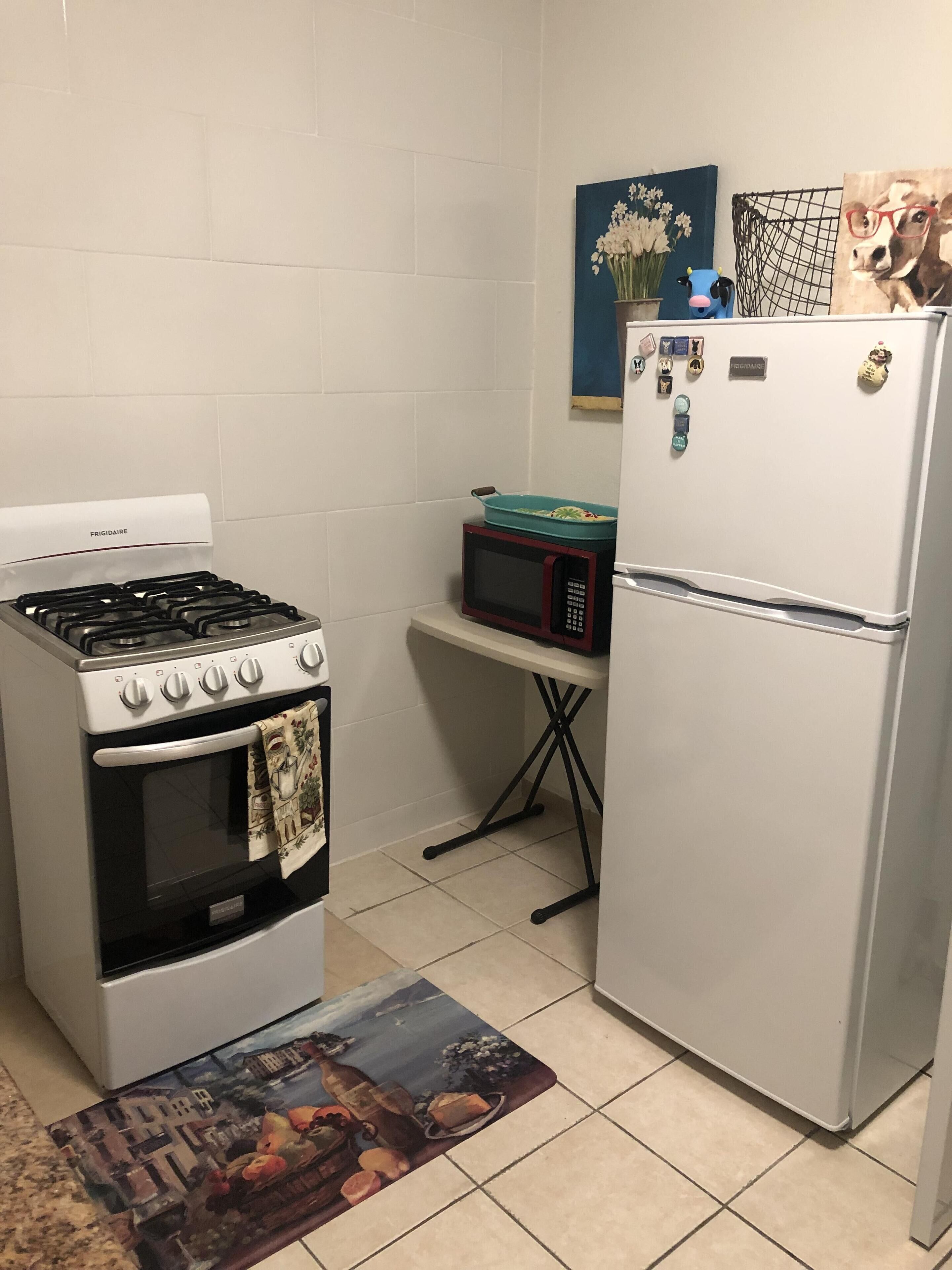 Une cuisine équipée d’une cuisinière, d’un four, d’un four à micro-ondes et d’un réfrigérateur.