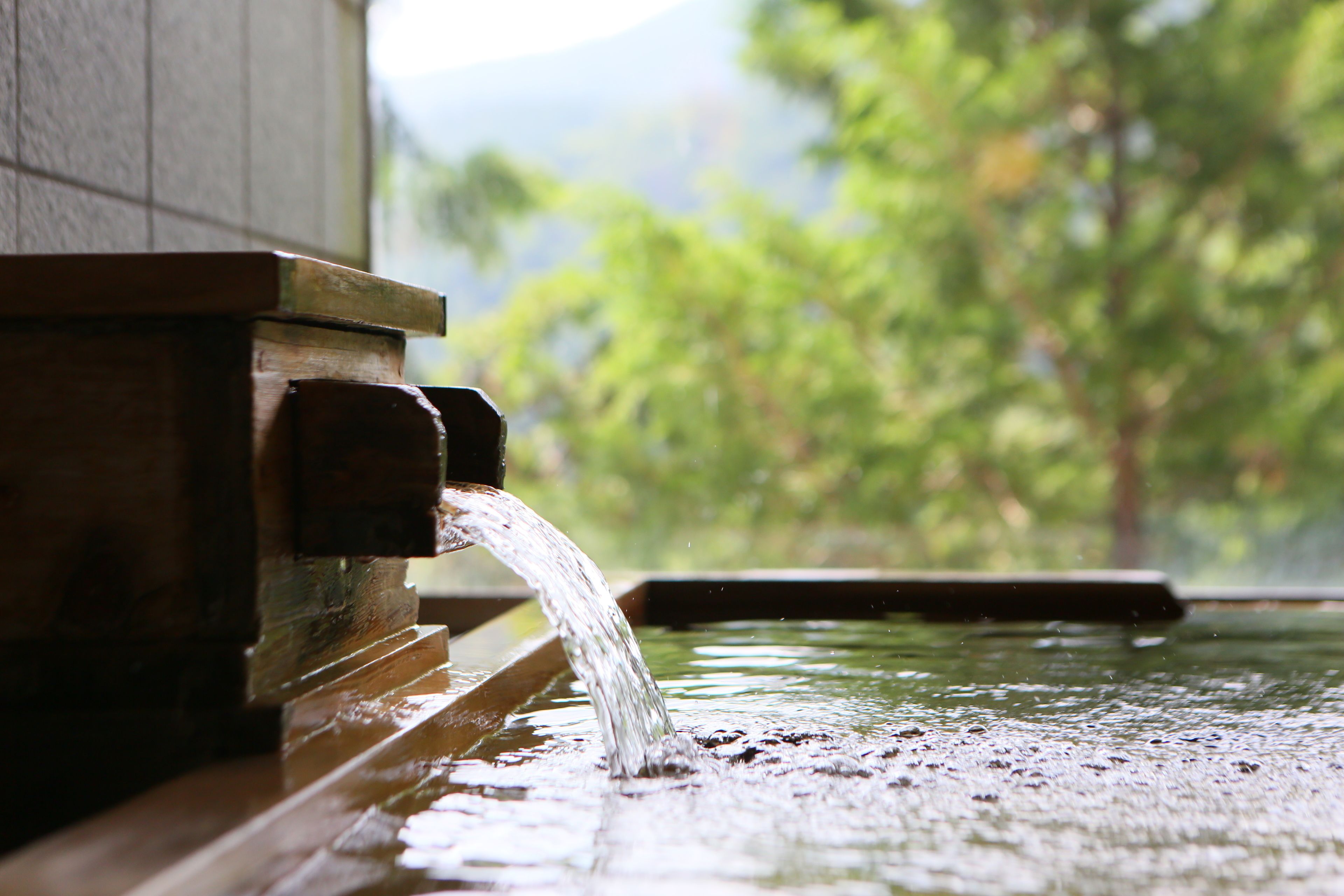 A wooden water feature with water flowing into a basin, set against a blurred background of greenery.