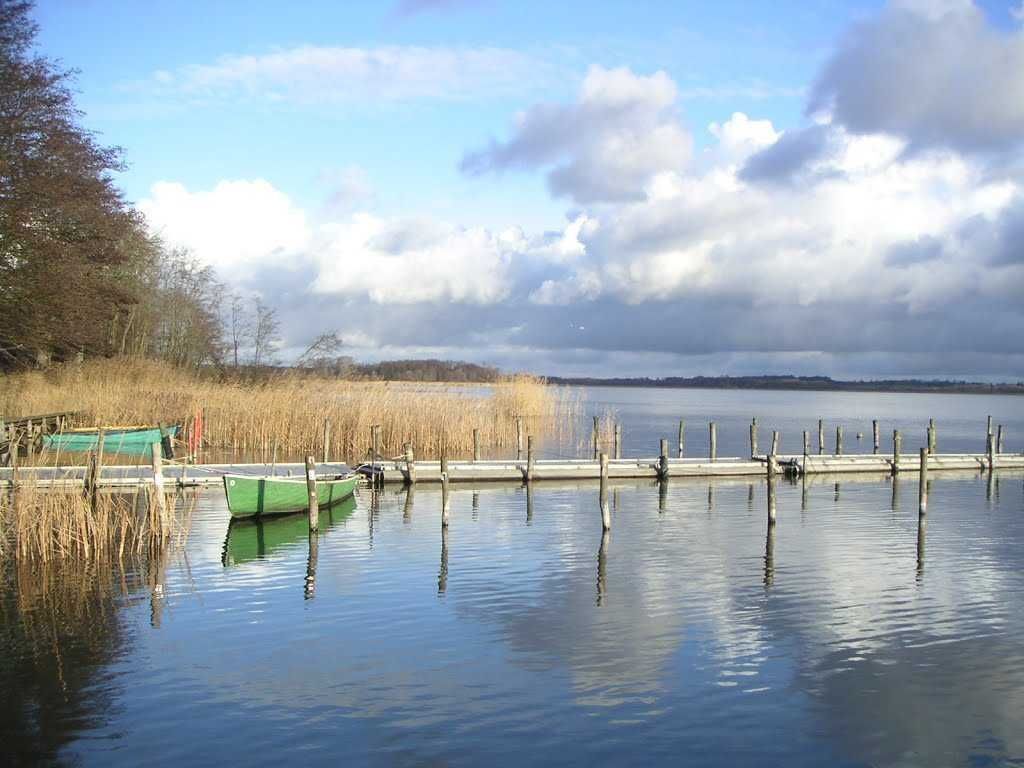 Un lago tranquillo con un molo e una barca verde.