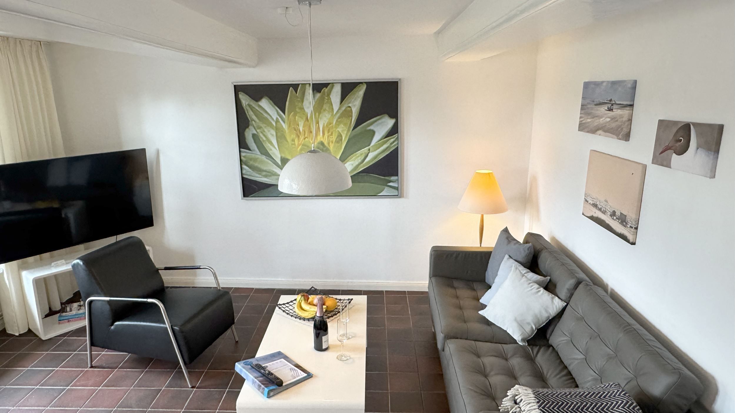 Una sala de estar moderna con un televisor de pantalla plana, un sofá, una mesa de centro con una revista y una botella de vino, y un cuadro colgado en la pared que representa una planta.