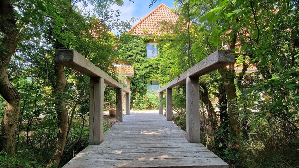Ein Holzweg führt zu einem Gebäude mit einem Ziegeldach, umgeben von dichtem Grün.