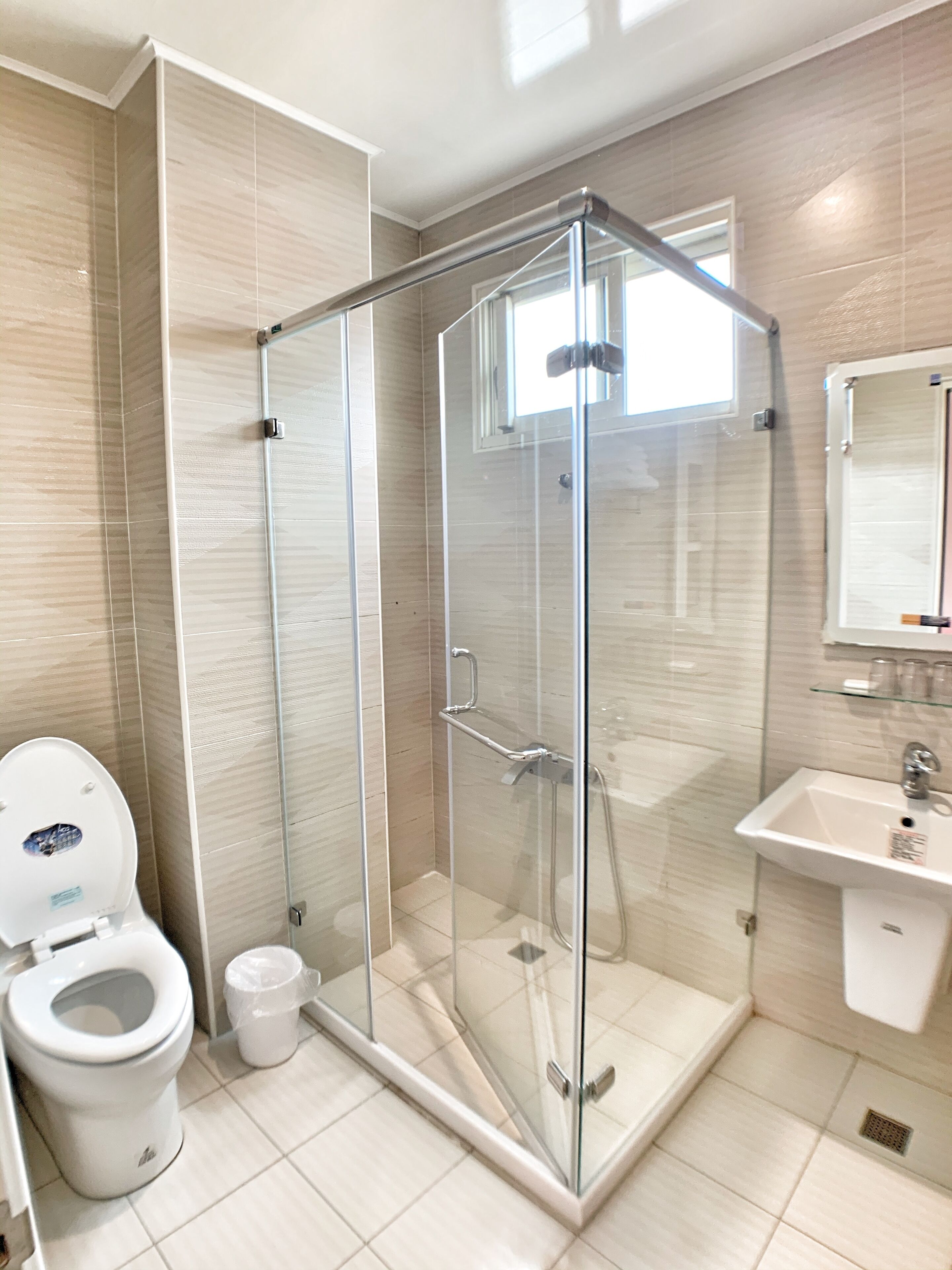 A modern bathroom with a glass-enclosed shower, a white toilet, and a sink with a mirror above it.