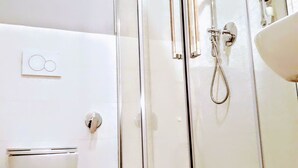 A modern bathroom with a glass-enclosed shower, a white toilet, and a sink. - Colosseum Acquaforte's Room (Rome)