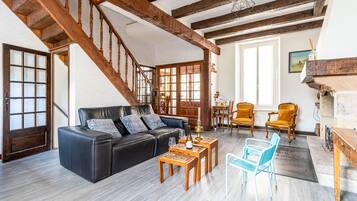 TV connectée, cheminée, livres, espaces bureaux
