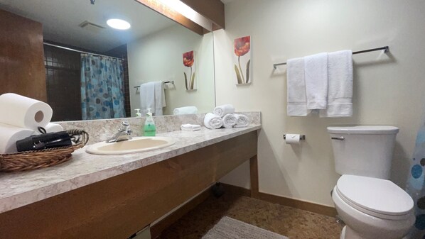 A bathroom with a sink, mirror, towel rack, toilet, and a shower area. - 🎿 Ski-In/Ski-Out | 2Bed / 2Bath Condo | 🚶♂️ Walk to Village (Beaverdell)