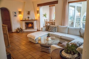 Televisor, llar de foc, reproductor de DVD i llibres 