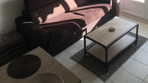 Una sala de estar con sofá, mesa de centro, alfombra e iluminación colgante.