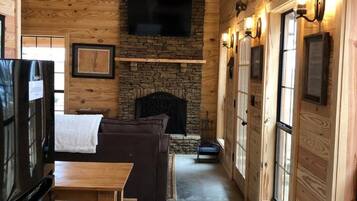 Televisión, chimenea y libros