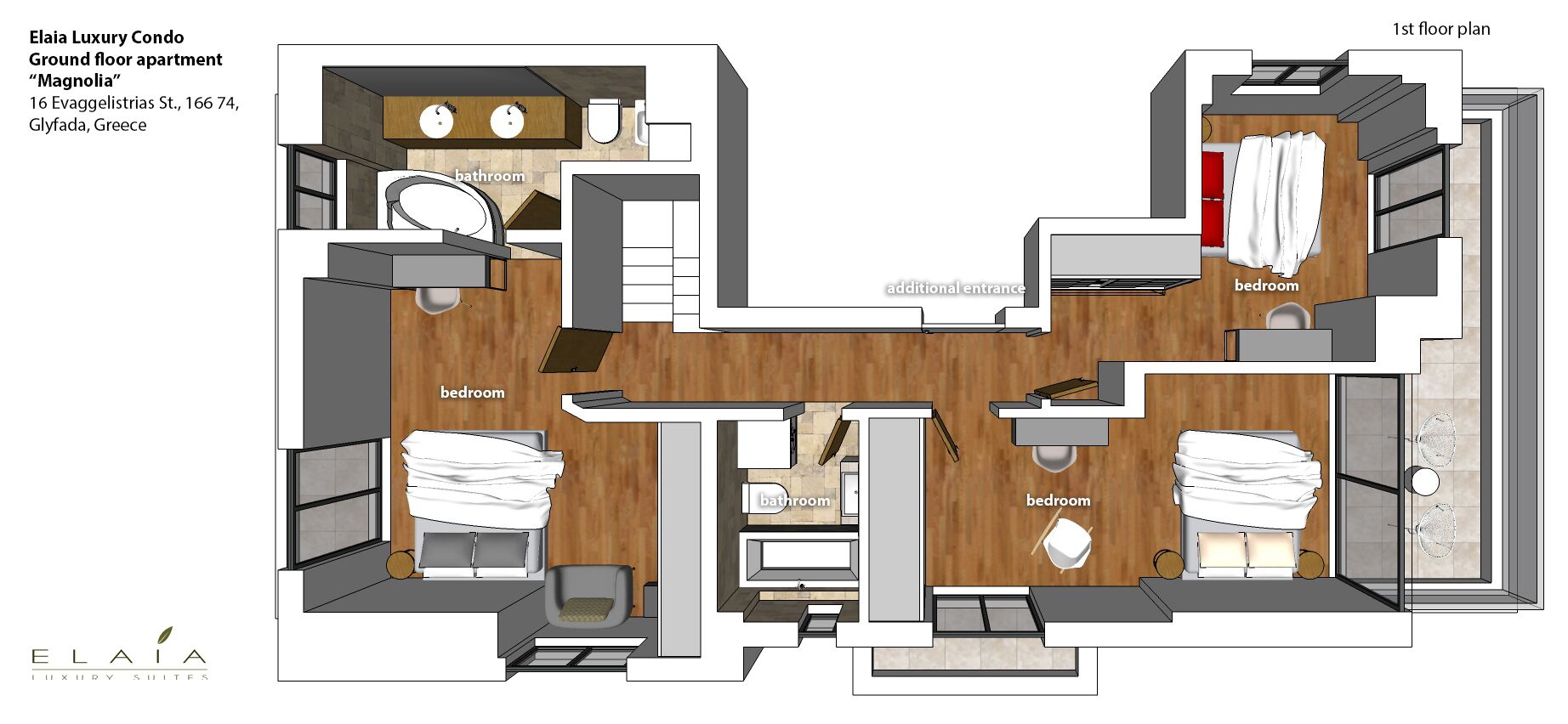 A floor plan of the Elaia Luxury Condo Ground floor apartment "Magnolia" with two bedrooms, two bathrooms, and a kitchen area.