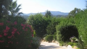 A paved pathway flanked by lush greenery and flowering plants, leading towards distant hills. - VILLA GOLFE DE SAINT TROPEZ (Cogolin)