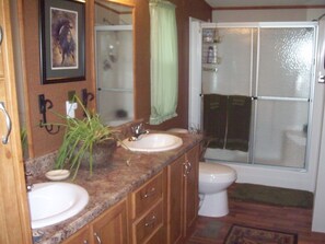 Combined shower/bathtub, hair dryer, towels, soap