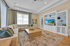 Smart TV, fireplace, video games, DVD player