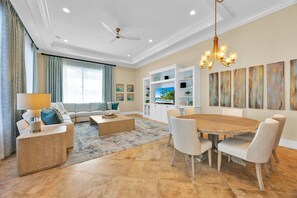 Smart TV, fireplace, video games, DVD player