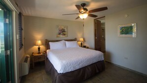 A bedroom with a bed, two bedside lamps, a ceiling fan, a heater, and a painting on the wall. - Beachfront-Level Private Oasis with Power Backup Generator and A/C for all Areas (Luquillo)