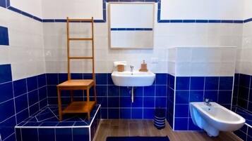 Shower, hair dryer, bidet, towels