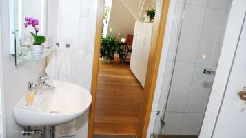 Dusche, Haartrockner, Handtücher, Seife