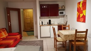 Un espace de vie compact comprenant un coin cuisine, un espace repas avec une table et des chaises, et un canapé recouvert d’un tissu à motifs.