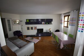 TV, DVD player, books, video library