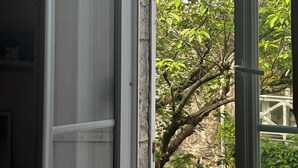 A room with a large window, a hanging light fixture, and a view of greenery outside. - STANDING APARTMENT IN THE CENTER OF LA ROCHELLE 2 STEPS FROM THE OLD PORT AND BEACH (La Rochelle)