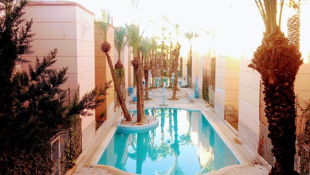 Zona de piscina con una pileta rectangular, rodeada de palmeras y un paseo de baldosas.