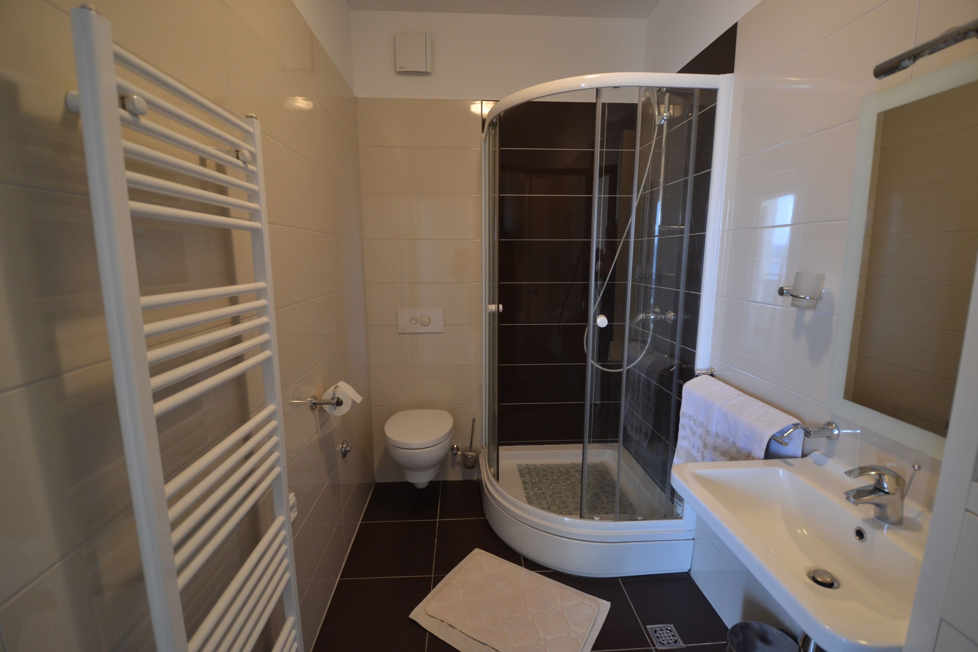 A modern bathroom with a glass-enclosed shower, a white sink, and a toilet.