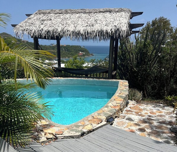 A pool with a stone edge, surrounded by a wooden deck and a thatched roof structure.