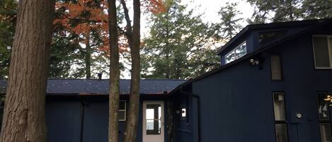 A blue building with a door and windows, surrounded by trees and fallen leaves.