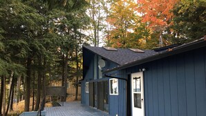 A blue building with a deck, surrounded by trees and a fence. - Charlevoix Cottage: 150ft Lake Michigan Beach, Spectacular Sunsets & Dark Skies. (Charlevoix)